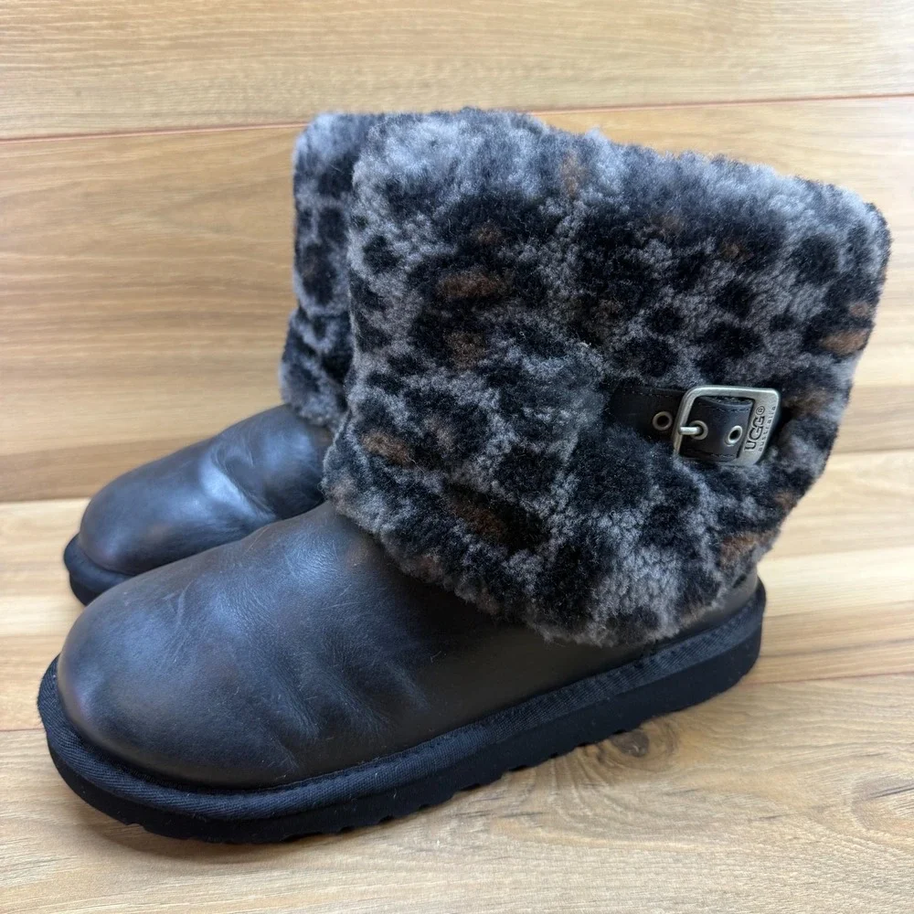 UGG Ellee Leopard Cheetah Print Fur Boots Youth Girls 6 Black Leather Cozy
